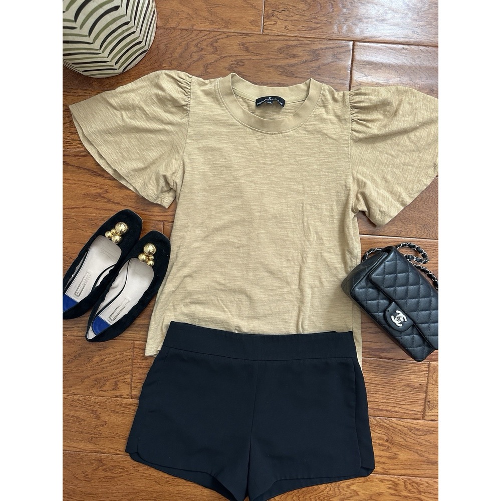 Pomander Place Womens XS Tan Khaki Flutter Short Puff Sleeve Cotton Tee Shirt